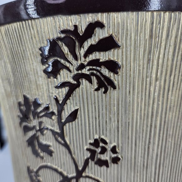 Ceramic Trash Garbage Can 10" Round Gold Brown Ribbed Floral Rustic Asian MCM - Picture 3 of 13